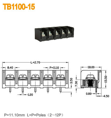 Black 20A Barrier Power Terminal Blocks With 2-12 Poles Brass PBT 11mm Pitch