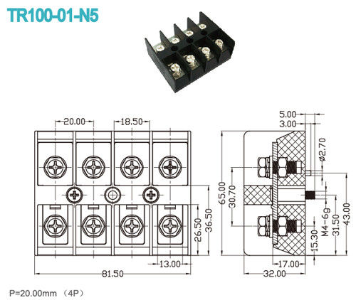 20.00mm High Current Terminal Block Connector 600V 100A  4 Way PC Black Terminal