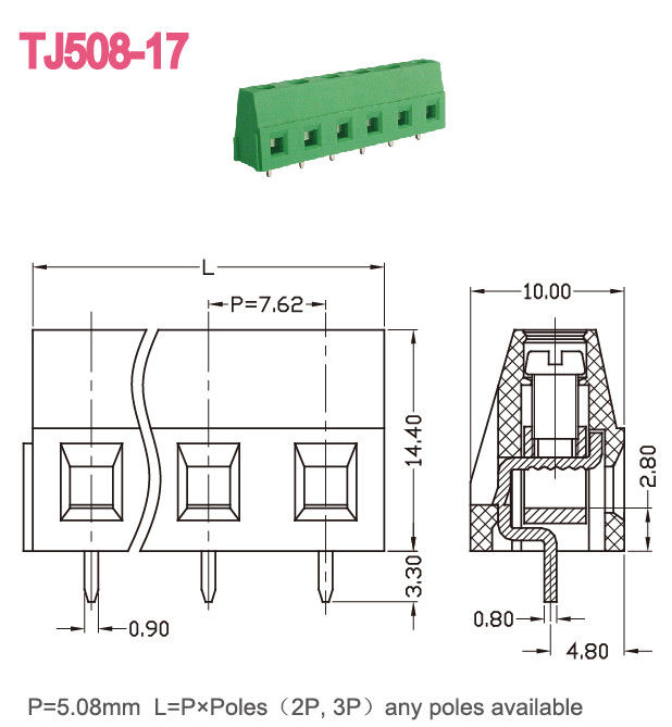 5.08mm Screw PCB Terminal Block 300V 10A Brass Green Euro Type Raising Series