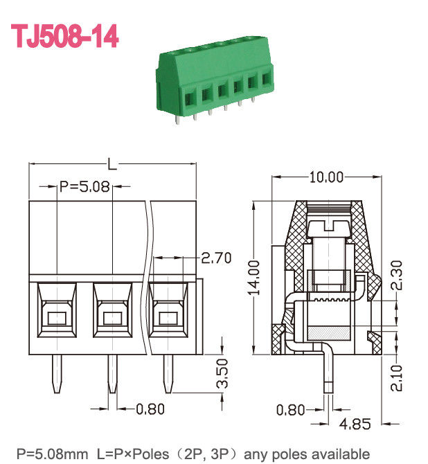 Pitch 5.08mm 300V 10A PCB Screw Terminal Block Euro Type Raising Series