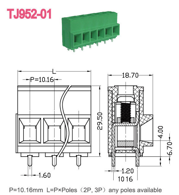 57A PCB Screw Terminal Block 10.16mm Pitch Euro Raising Series with UL Technical Data