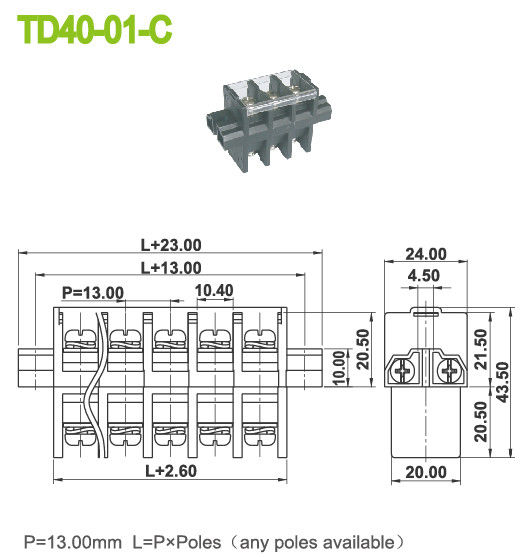 40A Panel Mount Power Terminal Block Connector Perforation Pitch 13mm Brass PBT