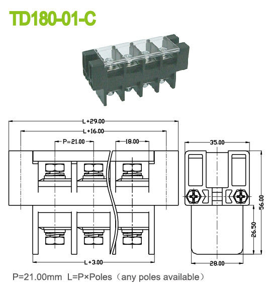 Plastic Cover 180A Panel Mount Terminal Block 21mm Perforation