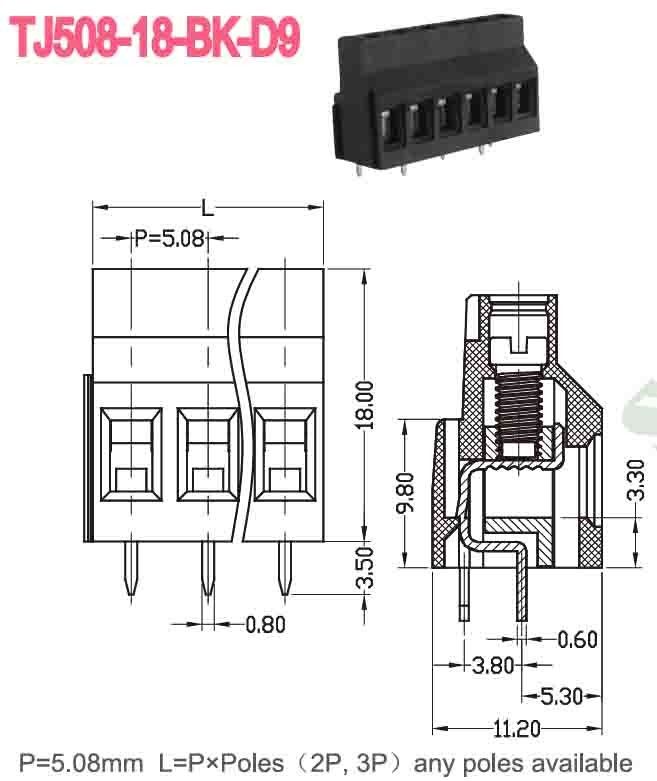 Brass PA66 PCB Terminal Block 5.08mm 300V 10A for Frequency Conversion