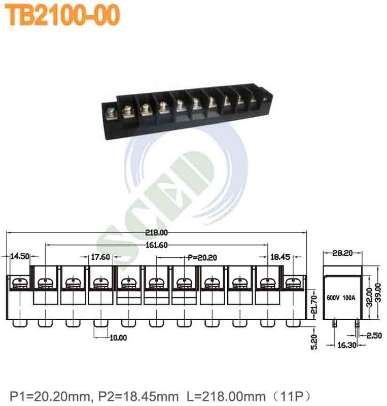 Pitch 20.20mm 600V 100A TB Series 11P PBT M6 Barrier Terminal Blocks Single Row