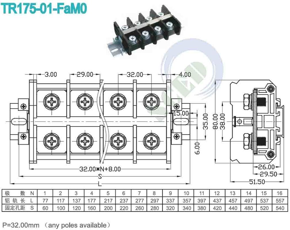 PCB Barrier Terminal Blocks 32.0mm 175A High Current Terminal Block PC M8 Right Angle