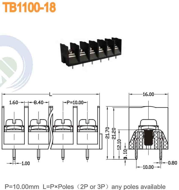 Pitch 10.00mm Barrier Terminal Block 600V 30A 10-22AWG PBT M3.5 Power Terminal Blocks