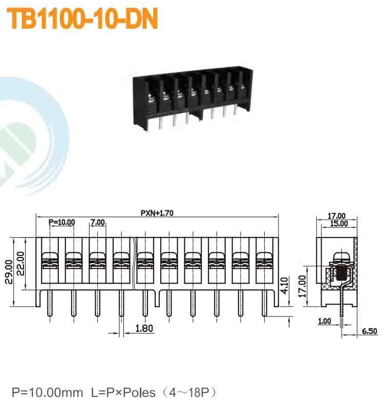 Barrier Terminal Block 10.00mm 600V 30A 4-18P 6mm2 Power Terminal Block