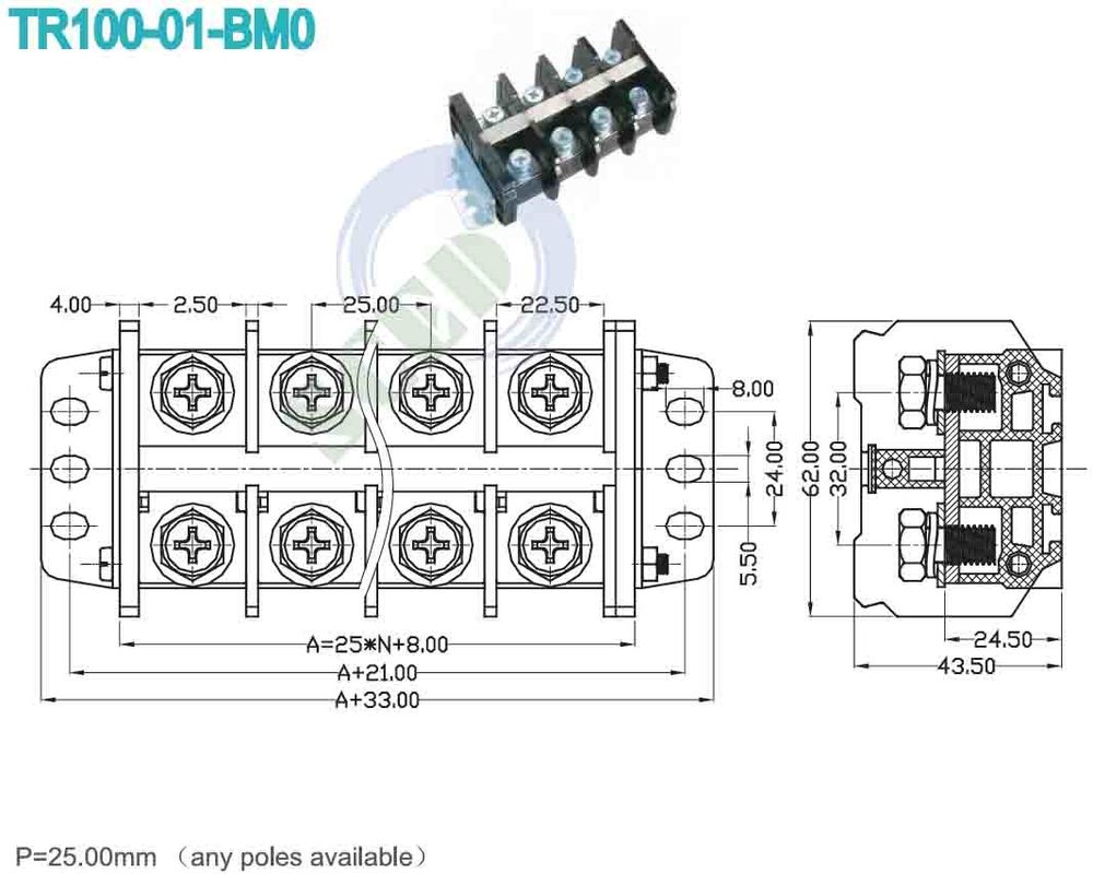 Polyamide Housing Material High Current Terminal Block 150A 2P-28P for Industrial Applications